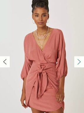 Anthropologie Puff Sleeve Faux Wrap Mini Dress Open Back Linen Blend Size 4